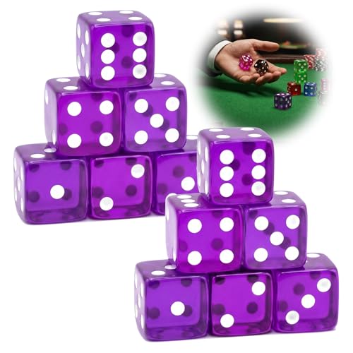 12 Piece 19 mm Casino Style Dice Set, Acrylic Translucent D6 Dice with Square Rounded Edge, Purple for Craps, Table Games, Board Games, RPG, MTG, DND(Purple) - color: Purple