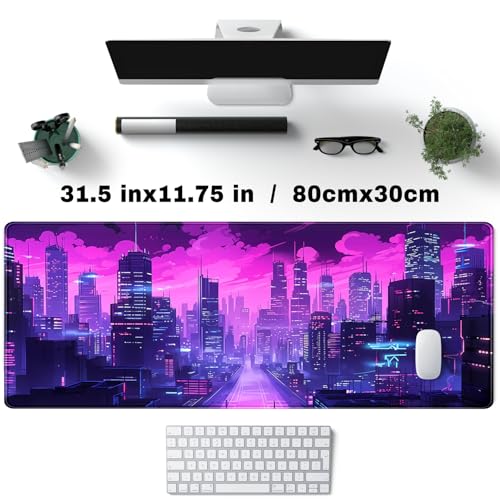 Desk Pad Cyberpunk Purple Desk Mat City Skyline Gaming Extended Mouse Pad Big Office Keyboard Pc Laptop for Women Large Mousepad with Stitched Eges Non-Slip Base Mouse Keyboard Mat 31.5x11.8 in - color: C-purple Clouds