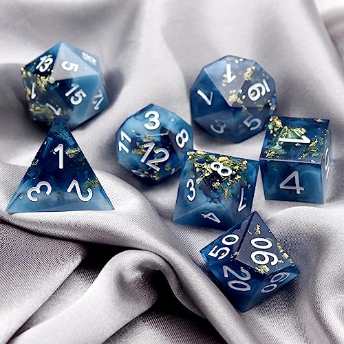 Haxtec Sharp Edge DND Dice Set, Gold Foil Resin Polyhedral RPG Dice | Blue D&D Dice for Role Playing Games, Compatible with Dungeons and Dragons, Handmade 7-Die with Metal Case, TTRPG Gifts - color: Blue White Gold