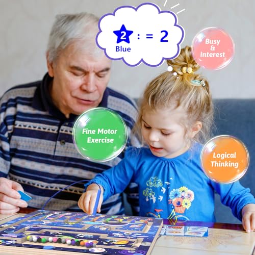 MTYOKILN Magnetic Color and Number Maze - Montessori Toy for 3 4 5 Year Old | Wooden Color Matching Learning Counting Puzzle Board - style: Space