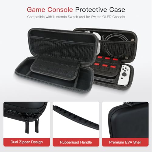 Carry Case for N*intendo Switch & for Switch OLED, Hard Portable Travel Protective Shell Pouch with Pockets for Games & Accessories, Shockproof Lightweight Carrying Case for Console & for Joycons - Black
