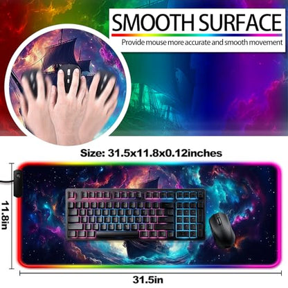 RGB Fantasy Pirate Ship Gaming Desk Mat, Computer Keyboard Large Extended Long LED Mouse Pad for Office and Home, XL (W01) - color: Rgb-w01