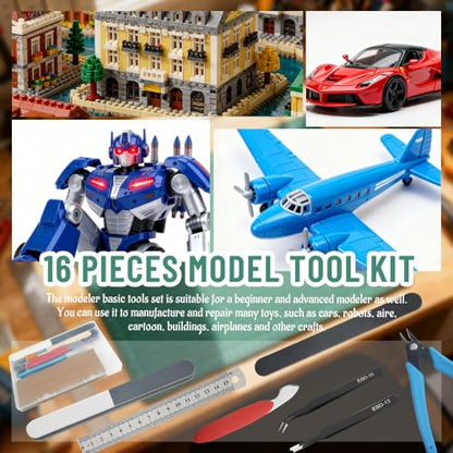Bigstone 16 PCS Model Tools Kit Modeler Basic Hobby Building Tools Craft Set for Cars, Airplanes, Buildings, Robots Plastic Gundam Models Building Repairing and Fixing