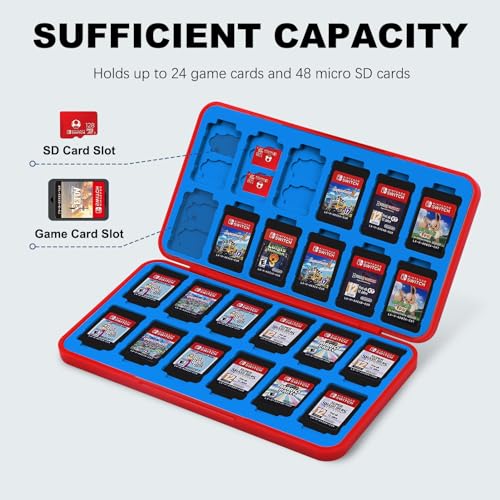 FYY Nintendo Switch Game Case Holder for Switch 2 Cartridge, Red & Blue | 24 Game Card Slots & 48 Micro SD Card Slots, Hard Shell, Silicone Lining - color: B-Red Blue