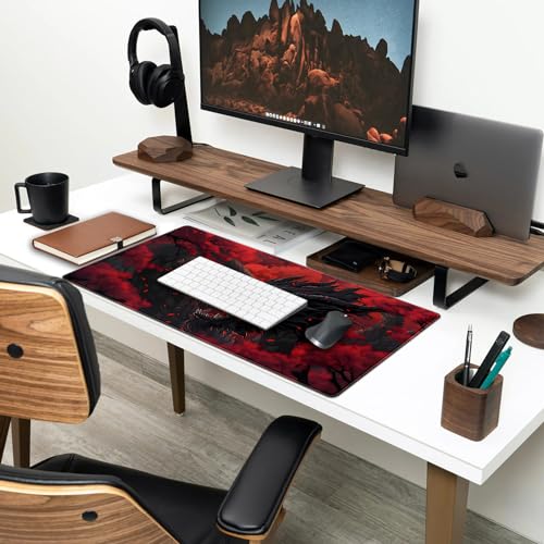 Huge Dragon Large Mouse Pad - Red and Black Mousepad, Big Full Keyboard and Mouse Pad with Stitched Edges, Anti-Slip, Funny Desk Pad, 31.5 X 15.8 in. - color: Red Black Dragon