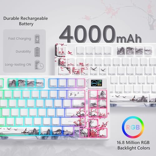 Womier 75% Wireless Mechanical Keyboard with Color Multimedia Screen | Gaming Creamy Keyboard, Theme 3-Modes Hot Swappable Key board w/Wrist Rest,SK80 PRO Gasket RGB Custom for Mac/Win,Red Plum - color: White