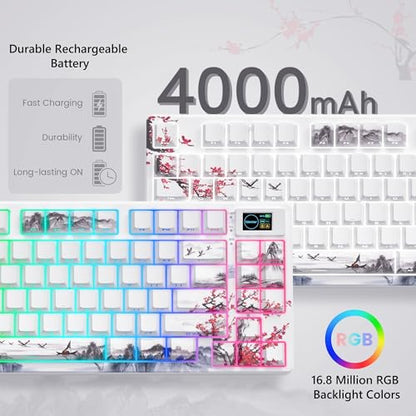 Womier 75% Wireless Mechanical Keyboard with Color Multimedia Screen | Gaming Creamy Keyboard, Theme 3-Modes Hot Swappable Key board w/Wrist Rest,SK80 PRO Gasket RGB Custom for Mac/Win,Red Plum - color: White