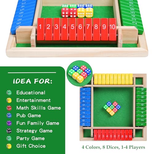 Shut The Box Dice Game – Travel Size 4 Player Wooden Board | Classic Strategy Board Game For Kids & Adults. Fun For Family, Classroom, Home, Party, Pub. Great Travel Size Tabletop Game