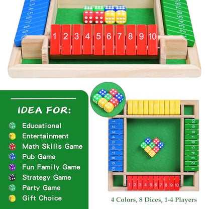 Shut The Box Dice Game – Travel Size 4 Player Wooden Board | Classic Strategy Board Game For Kids & Adults. Fun For Family, Classroom, Home, Party, Pub. Great Travel Size Tabletop Game