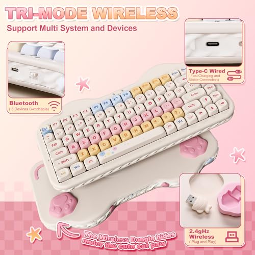YUNZII C75 Wireless Mechanical Keyboard,75% Layout, Hot-Swappable NKRO,BT5.0/2.4G/USB-C Mode,Dye-Sub PBT MOA Keycaps,RGB Gasket Mount,Cute Cake Design for Mac/Win/Gaming (Beige, Milk V2 Switch) - color: Beige, size: Milk V2 Switch