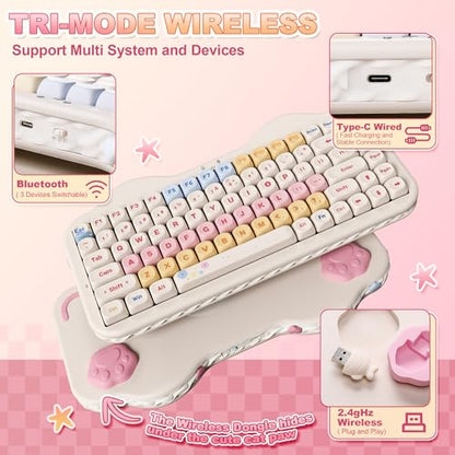 YUNZII C75 Wireless Mechanical Keyboard,75% Layout, Hot-Swappable NKRO,BT5.0/2.4G/USB-C Mode,Dye-Sub PBT MOA Keycaps,RGB Gasket Mount,Cute Cake Design for Mac/Win/Gaming (Beige, Milk V2 Switch) - color: Beige, size: Milk V2 Switch