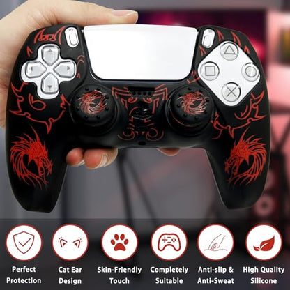 PS5 Controller Silicone Cover with Laser-Engraved Dragon Design - Non-Slip Grip Skin + 2 Dragon Thumbstick Caps | Stylish Protective Case for PlayStation 5 Controller - color: Lightning Dragon Red