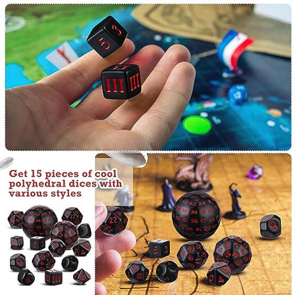 Civaner 15 Pcs Complete Polyhedral Dice Set D3-D100 Spherical RPG Dice Set in Opaque Black, 100 Sides for Role Playing Table Games Party Supplies(Black and Red) - color: Black and Red