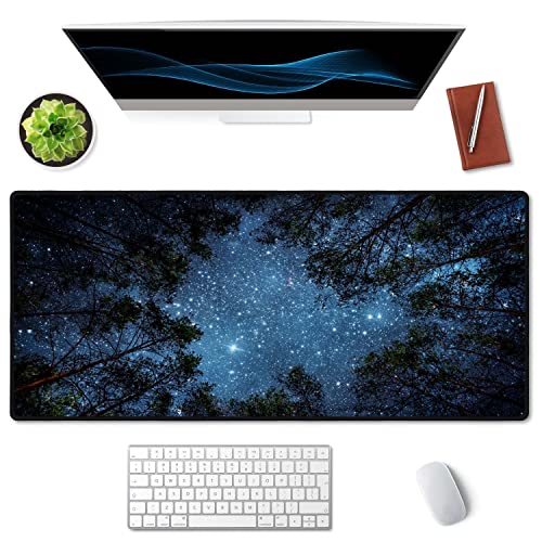 SSOIU The Milky Way and The Trees Mouse Pad 35.5 X 15.7 Inch XXL Night Sky Full Desk Mousepad Extended Large Non-Slip Rubber Base Waterproof Big Keyboard Mat with Stitched Edges for Gaming and Office - color: Night Sky and Trees
