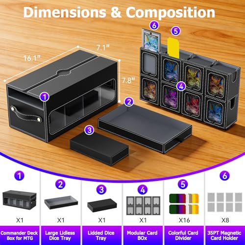 Mtg Commander Deck Box with Handle, 8Removable Deck Modular and 2Dice Trays | Holds 1040+Double-Sleeved Cards,Play mat Storage,Magnetic Lock,Magnetic Holders, Dividers Included,Display Window,Fit TCG/EDH - color: Black Grey, style: 8-Deck Modular Card Cas