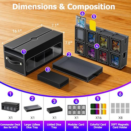 Mtg Commander Deck Box with Handle, 8Removable Deck Modular and 2Dice Trays | Holds 1040+Double-Sleeved Cards,Play mat Storage,Magnetic Lock,Magnetic Holders, Dividers Included,Display Window,Fit TCG/EDH - color: Black Grey, style: 8-Deck Modular Card Cas