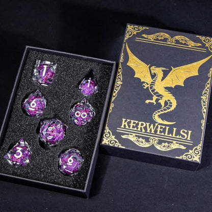 KERWELLSI Cat Liquid Core DND Dice Set with Gift Box, 7Pcs Resin Dungeons Sharp Edge D&D Dice, Dragons D and D Role Playing Dice D20 D12 D10 D8 D6 D4, Purple - color: Purple and Purple Cat