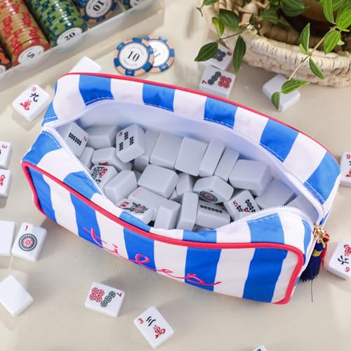 Sanwuta 1 Pcs Mahjong Tile Bag with Zipper,Dark Blue,Striped | Embroidered Mahjong Case for 166 American Mahjong Tiles (1.2") Portable Bags for Board Game Party Gathering Travel - color: Dark Blue, style: Classic