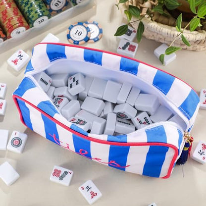 Sanwuta 1 Pcs Mahjong Tile Bag with Zipper,Dark Blue,Striped | Embroidered Mahjong Case for 166 American Mahjong Tiles (1.2") Portable Bags for Board Game Party Gathering Travel - color: Dark Blue, style: Classic