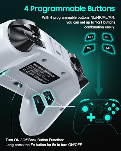 Dual Hall Effect PC Controller-No Drift No Dead Zone, Bluetooth Controller for PC Windows/iPhone/Android/Switch/Steam Deck/TV/Tesla with Hall Triggers & Joysticks/Joystick Speed Down (No Phone Clip) - color: White