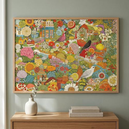 1000 Piece Puzzle for Adults, Colorful Botanical Fantasy Garden with Birds & Houses, Premium Matte Finish, Thick Blue Cardboard, Fun and Challenging Jigsaw Puzzles for Nature Lovers - color: Garden of Whimsy