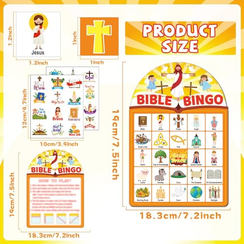 39 Pcs Bible Theme Bingo Game for Adults 24 Players Christian Party Bingo Game Cards with Reward Stickers for Family Friends Large Group Gathering Christian Sunday School Church Open Day Favors - style: Bible
