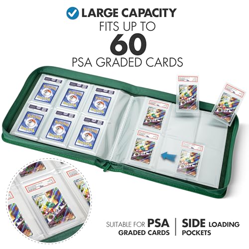 FunGuys Graded Card Binder, 60 PSA Slab Holder, 6 Pocket Graded Card Storage, Slab Binder, PSA Card Graded Display Case Album, Zipper, MTG Card Collection Binder - color: Black and Green