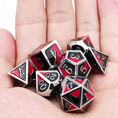 Haxtec Metal DND Dice Set Silver Red Black Enamel Vampire D&D Dice with Leather Dice Bag Compatible with Dungeons and Dragons TTRPG Gift for DND Lovers Players Masters | Silver Edge D&D Dice with Leather Bag, Compatible with Dungeons and Dragons, Vampire