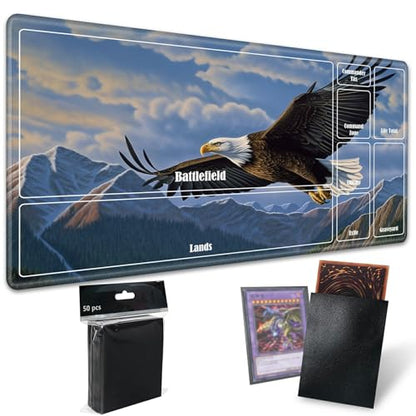 Board Game Mat TCG Playmat Plus 50 Pcs Card Sleeves, 24 x 14 inches Table Mats Games Mousepad with Zones Smooth Surface for MTG RPG CCG Trading Card Game Play Mats, Eagle Spreads Wings - color: Eagle Spreads Wings, size: Zone 1