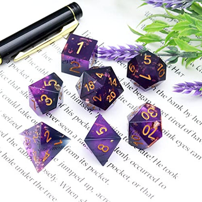 Haxtec Sharp Edge DND Dice Set, Gold Flakes Resin Polyhedral RPG Dice | Purple Galaxy Swirl D&D Dice, Compatible with Dungeons and Dragons, Handmade 7-Die with Metal Case, MTG Gifts, War Series - color: Purple Gold