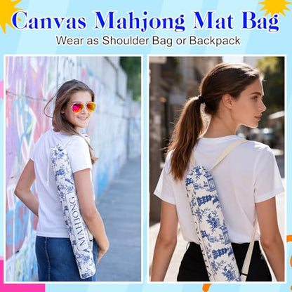 34 Inch Long Mahjong Mat Bag Cute Double Strapped Canvas Drawstring Mahjong Holder Lightweight Outdoor Carrying Bag for Board Games Travel Storage-Mat Not Include (White,Chinoiserie,1 Pc) - color: White, style: Chinoiserie