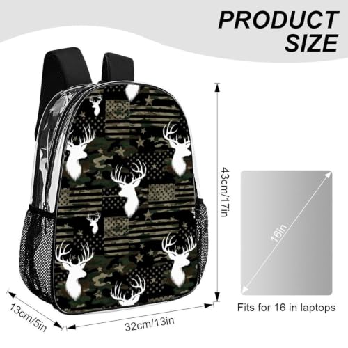 Heavy Duty Clear Daypack Reinforced Bottom for Travel Sporting | Heavy Duty, Camouflage American Flag Hunting Camo Deers, See Through Daypack - color: Pattern (836)