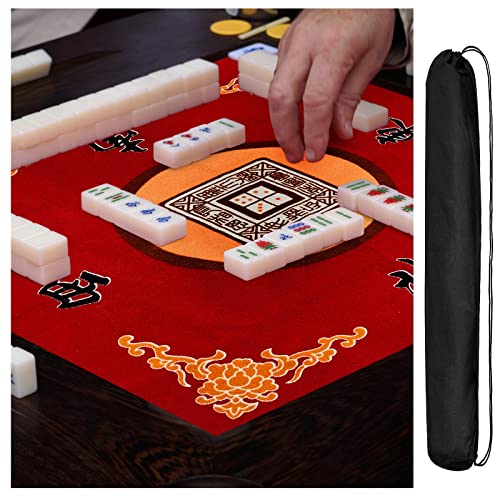 Juexica Mahjong Mat with Carrying Bag, 31.5 x 31.5 Inch Non-Slip Noise-reducing Mahjong Table Cover for Cards, Poker and Tile Games(Red) - color: Red