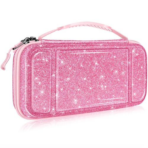 FINTIE Carrying Case for Nintendo Switch OLED Model 2021/Switch 2017, [Shockproof] Hard Shell Protective Cover Travel Bag with 10 Game Card Slots & Inner Pocket - color: glittering pink