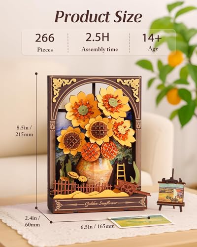 3D Wooden Puzzles for Adults - Van Gogh Golden Sunflower DIY Model Building Kits with LED Light - Gifts for Mothers Day - Home Decor, Wall Art & Unique Creative Gifts for Art Lovers/Men/Women - style: Golden Sunflower