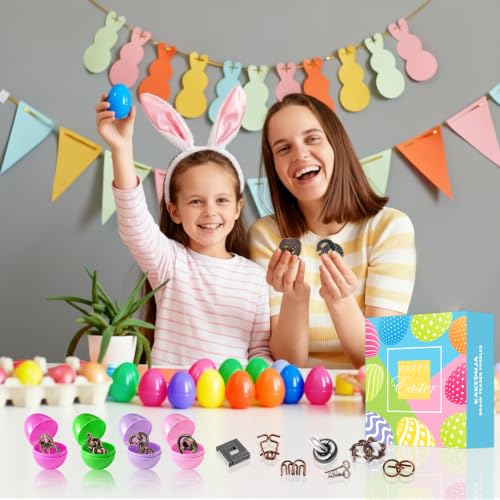 32 Pack Brain Teaser Puzzles & Colorful Easter Eggs - Challenging Metal Wire Puzzles for Kids & Adults - DIY Easter Basket Stuffers, Family Logic Games, Party Favors - style: 32PCS Metal Puzzles
