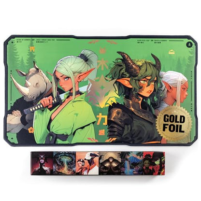 Alfies! Gold Foil Accents Playmat | Clan Steel Leaf | Elf Clan | Perfect Trading Card Gift | Futuristic Custom Shape | Compatible with Magic | MTG Playmat