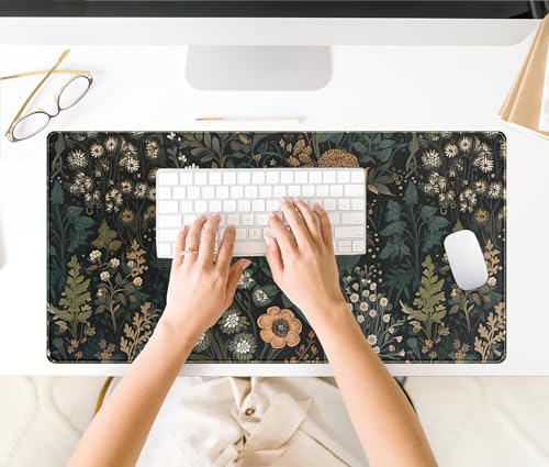 Dark Flower Desk Mat Floral Plants Mouse Pad, Aesthetic Wildflowers Large Gaming Mousepad Desk Pad, XXL Keyboard Mouse Mat Full Desktop Mat Women Office Desk Accessories Cover Mat 31.5"x15.75" - color: Dark Black Brown Flowers