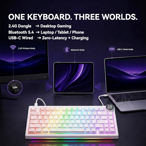 AK820 V2 75% Compact Mechanical Keyboard, 81 Keys, Tri-Mode (2.4G/Bluetooth/Wired), 10000mAh Battery, 0.9” TFT Smart Display Knob, Gasket Mount, Hot-Swappable, RGB Backlit, White Contour Keycaps - color: White Contour