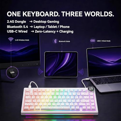 AK820 V2 75% Compact Mechanical Keyboard, 81 Keys, Tri-Mode (2.4G/Bluetooth/Wired), 10000mAh Battery, 0.9” TFT Smart Display Knob, Gasket Mount, Hot-Swappable, RGB Backlit, White Contour Keycaps - color: White Contour