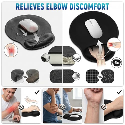 6 Pack Ergonomic Mouse Pad with Smooth Wrist Rest Support Black Memory Foam Mousepad Comfortable Mouse Pads for Non Slip Base for Computer Laptop Gaming Home Office Travel