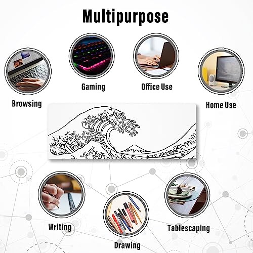 Ovenbird Gaming Mouse Pad with Stitched Edges, Japanese Wave White Extended XL Mousepad with Anti-Slip Base, Cool Large Mouse Pad for Desk, 31.5 x 11.8 in, White - color: Minimal Wave, size: Extended