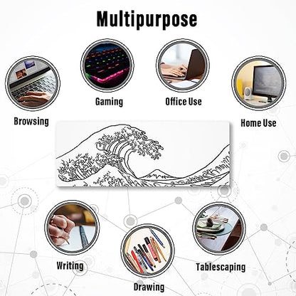 Ovenbird Gaming Mouse Pad with Stitched Edges, Japanese Wave White Extended XL Mousepad with Anti-Slip Base, Cool Large Mouse Pad for Desk, 31.5 x 11.8 in, White - color: Minimal Wave, size: Extended