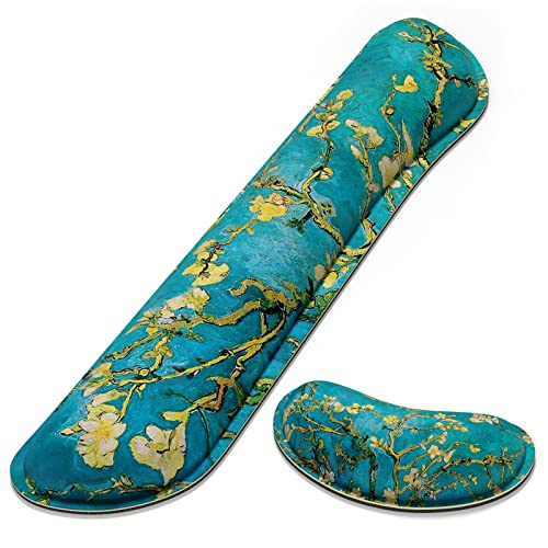Dapesuom Enlarge Keyboard Wrist Rest, Memory Foam Wrist Cushion for Desk Mats Support, Cute Pain Relief Keyboard Mouse Pad Rests Set with Non-Slip Base for Gaming Laptop Office Computer, Blue Flower - color: Van Gogh Blooming Apricot Tree