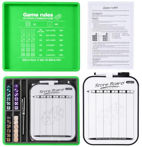Dice Tray and Storage Case for Farkle Game - Includes Embedded Scoring Combinations, 4 Sets of 6 Pearl Dice, 50 Sheet Score Pad and Pen Holder for The Classic Family Game - Green and Grey - color: Green and Grey