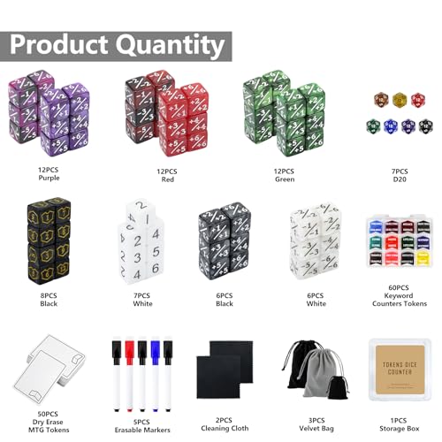 187 Pieces MTG Dice Counter & Token Set for Magic The Gatering, Plus 1 Life Counter MTG Dry Erase Tokens, Ability Keyword Counters Tokens Dice for TCG CCG Card Games Accessories