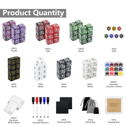 187 Pieces MTG Dice Counter & Token Set for Magic The Gatering, Plus 1 Life Counter MTG Dry Erase Tokens, Ability Keyword Counters Tokens Dice for TCG CCG Card Games Accessories