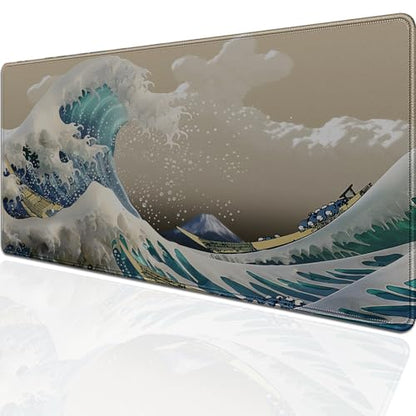 Japanese Wave Large Gaming Mouse Pad Desk Pad, 27.5x11.8in The Great Wave Off Kanagawa Extended Desk Mat with Stitched Edges, Non-Slip Waterproof Rubber Base for Office, Computer & Laptop - color: Waves