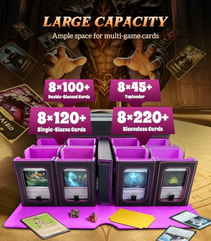 TiMOVO MTG Commander Deck Box, 11-in-1 Modular for TCG/PTCG, Black & Purple | 8-Deck Card Storage Case and 3 Dice Trays, Holds 1760+ Single-Sleeved Cards, Display Window, Carry handle - color: Black & Purple
