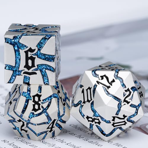 Cracked Rune Metal Dice Set for DND & RPG – Dark Fantasy Fractured Design, Premium Heavy Metal Polyhedral Dice with Deep Engraved Numbers, 7-Piece Set – Blue Arcane Vein - color: Pearl Silver Blue